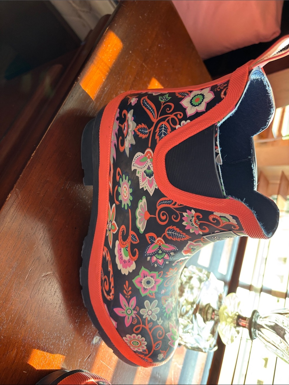 Simply Southern Black Floral Rain Boots with Coral Trim - Picture 3 of 4